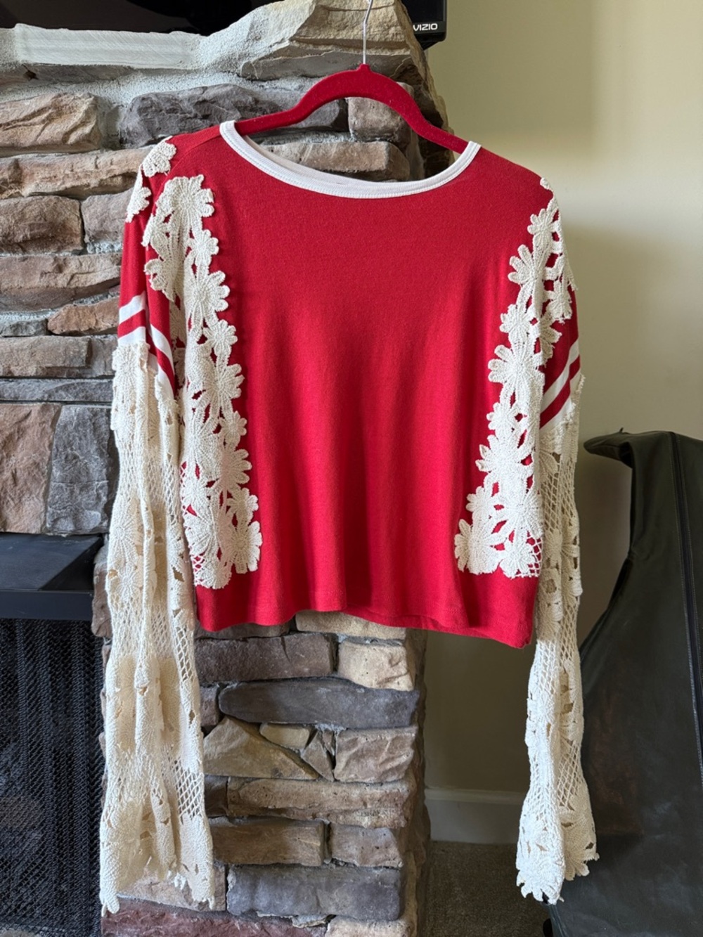 Free People Red and Cream Crochet Long Sleeve Tee